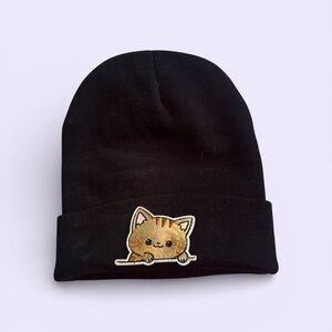 Kawaii Siamese Cat Embroidered Beanie | Black Ribbed Knit Winter Hat
